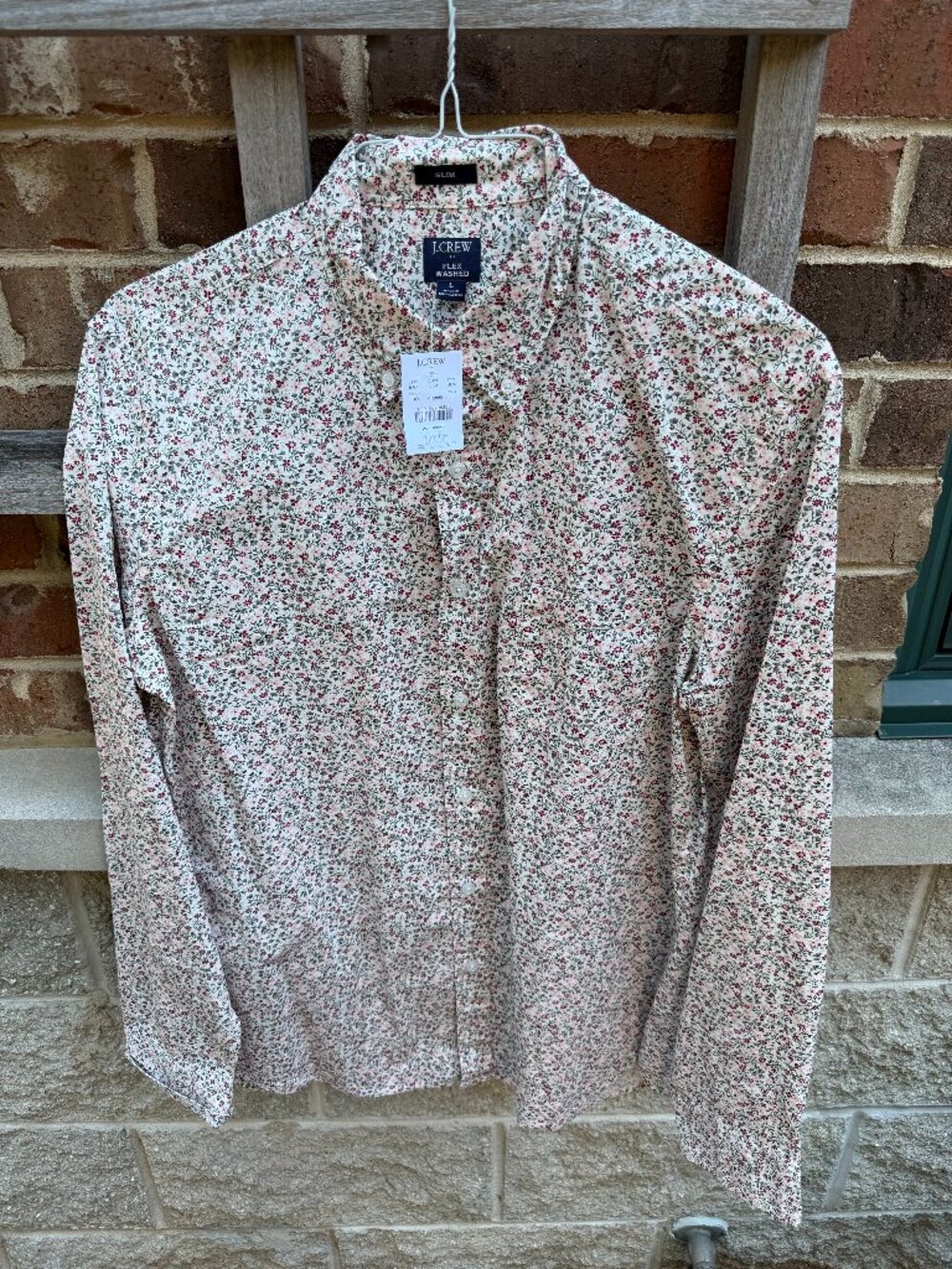 NWT J Crew Floral Dress Shirt Casual Shirt Red Pink Green on White Mens Large